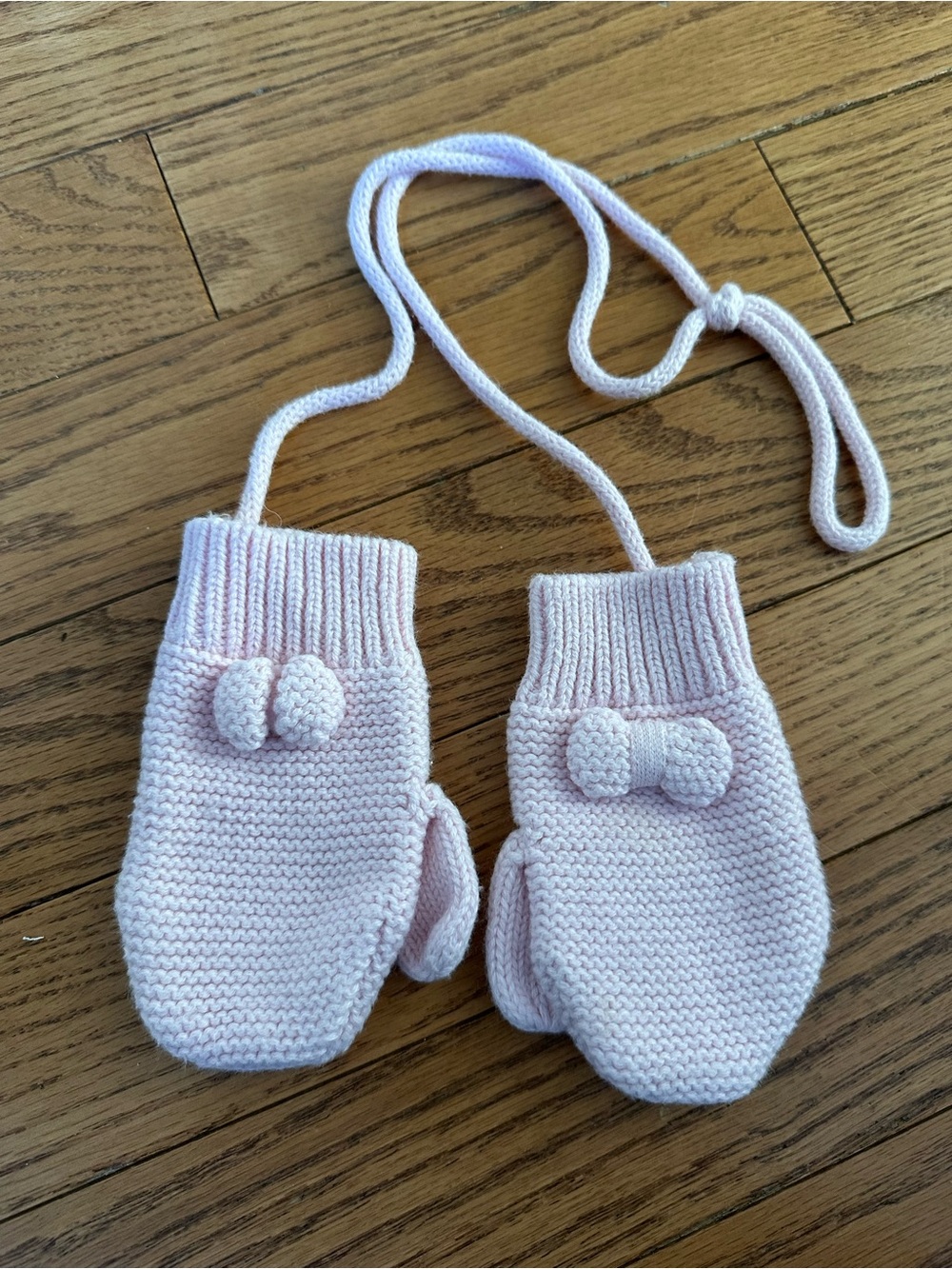 Jacadi Light Pink Knit Mittens with Bow Cord